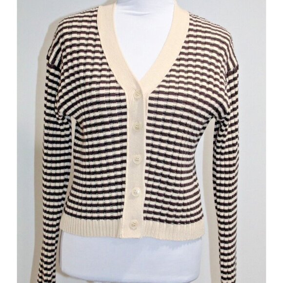 The Great. The Mini Striped Cardigan Sweater Knit Cream Woodsmoke Size 0 XS - Picture 1 of 9